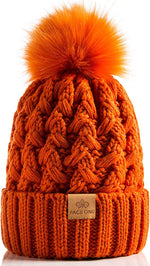 Womens Winter Ribbed Beanie with Crossed Cap, Chunky Cable Knit and Pompom - Soft and Warm Hat