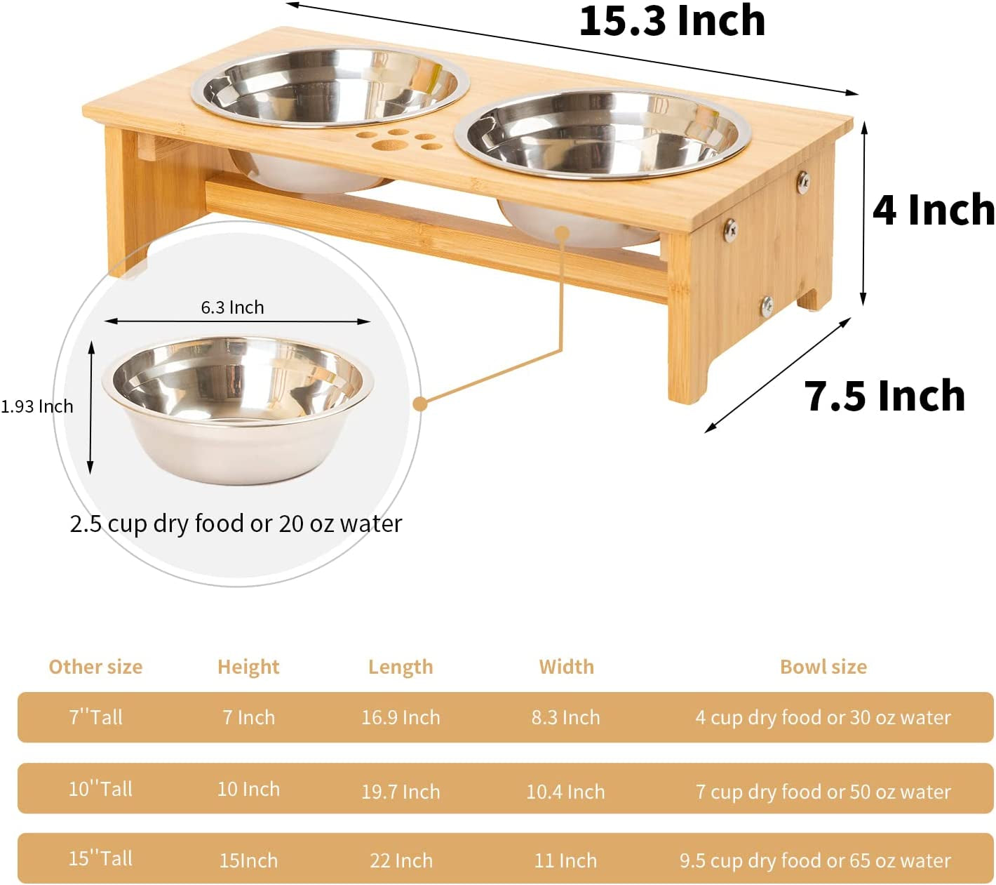 Elevated Pet Feeding Station for Cats and Small Dogs, Bamboo Stand with Two Stainless Steel Bowls and Anti-Slip Feet (4" Height, 20 Oz Capacity)