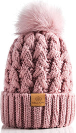 Womens Winter Ribbed Beanie with Crossed Cap, Chunky Cable Knit and Pompom - Soft and Warm Hat