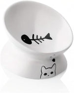 Elevated Ceramic Cat Bowls - Slanted Porcelain Pet Feeder for Food and Water, Spine Protection and Backflow Prevention (White)