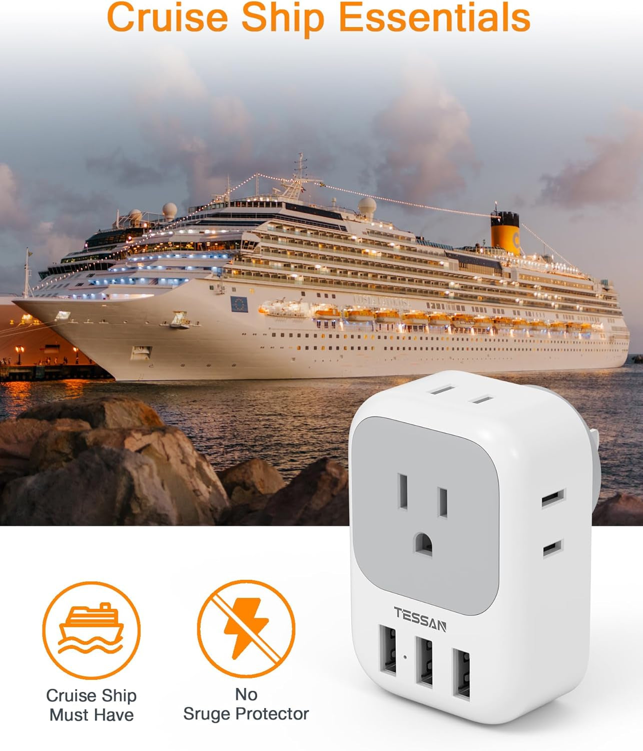 USB Charger Block with 3 USB Ports and 4-Outlet Splitter - Multi-Plug Wall Adapter for Travel, Office, and Dorm Use