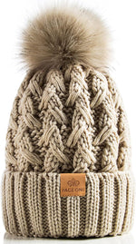 Womens Winter Ribbed Beanie with Crossed Cap, Chunky Cable Knit and Pompom - Soft and Warm Hat