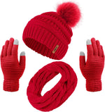 Women's Winter Warm Set: Knitted Beanie Hat with Fur Pompoms, Circle Loop Scarf, and Touch Screen Gloves