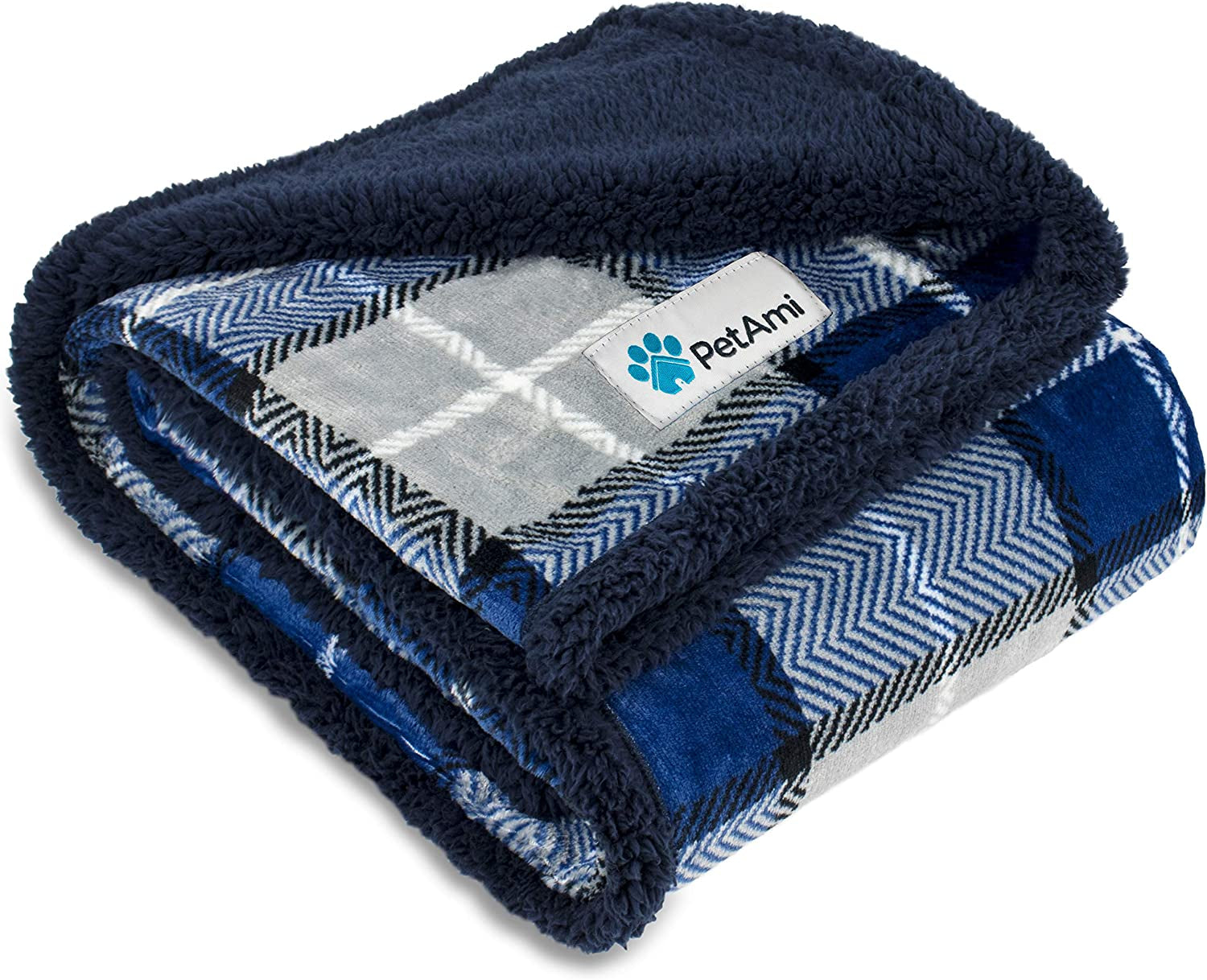 Reversible Waterproof Dog Blanket for Small to Medium Pets, Soft Sherpa Fleece Couch Cover and Furniture Protector, Washable 29x40 Plaid Navy