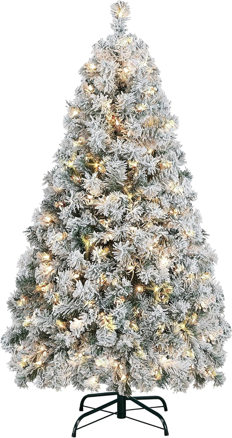 4.5Ft Pre-Lit Snow Flocked Artificial Christmas Tree with 150 Incandescent Warm White Lights and 340 Branch Tips, Includes Foldable Stand, Green & White