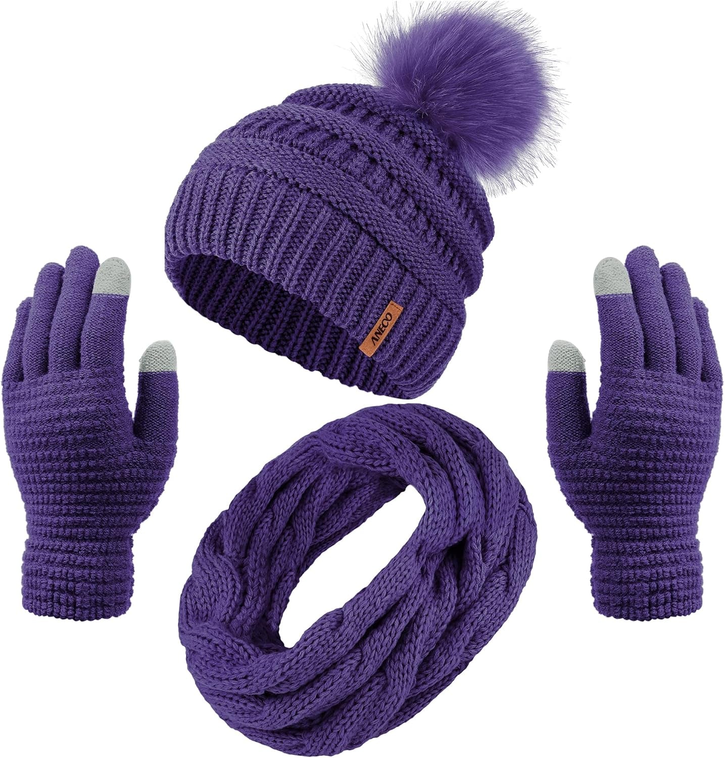 Women's Winter Warm Set: Knitted Beanie Hat with Fur Pompoms, Circle Loop Scarf, and Touch Screen Gloves