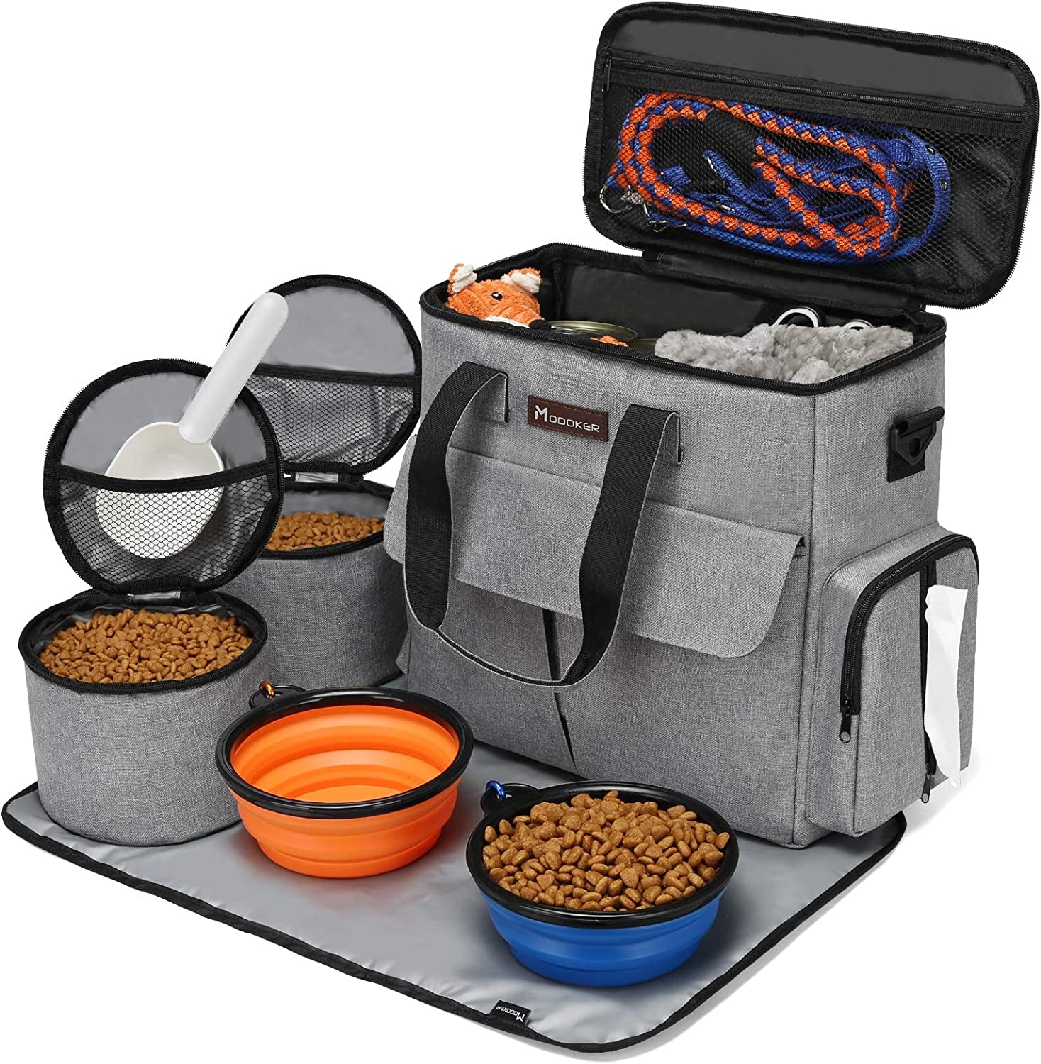 Airline-Approved Pet Travel Bag, Weekend Set for Dogs and Cats with Multi-Function Pockets, Food Storage Containers, Collapsible Bowls, and Feeding Mat (Blue)