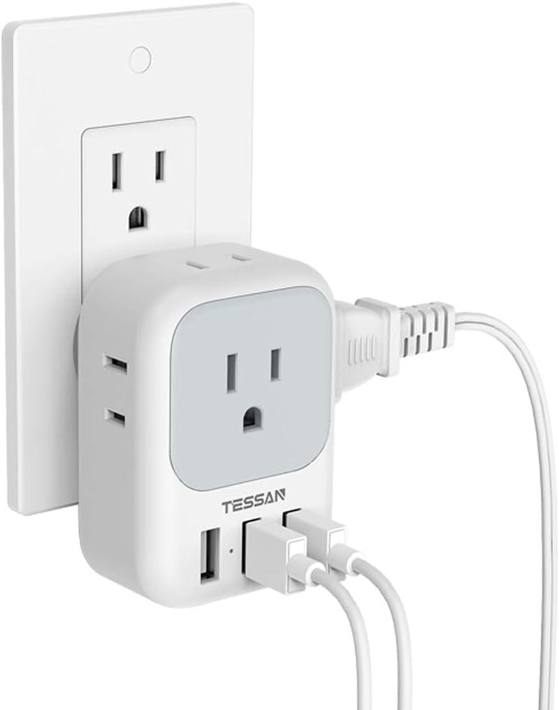 USB Charger Block with 3 USB Ports and 4-Outlet Splitter - Multi-Plug Wall Adapter for Travel, Office, and Dorm Use