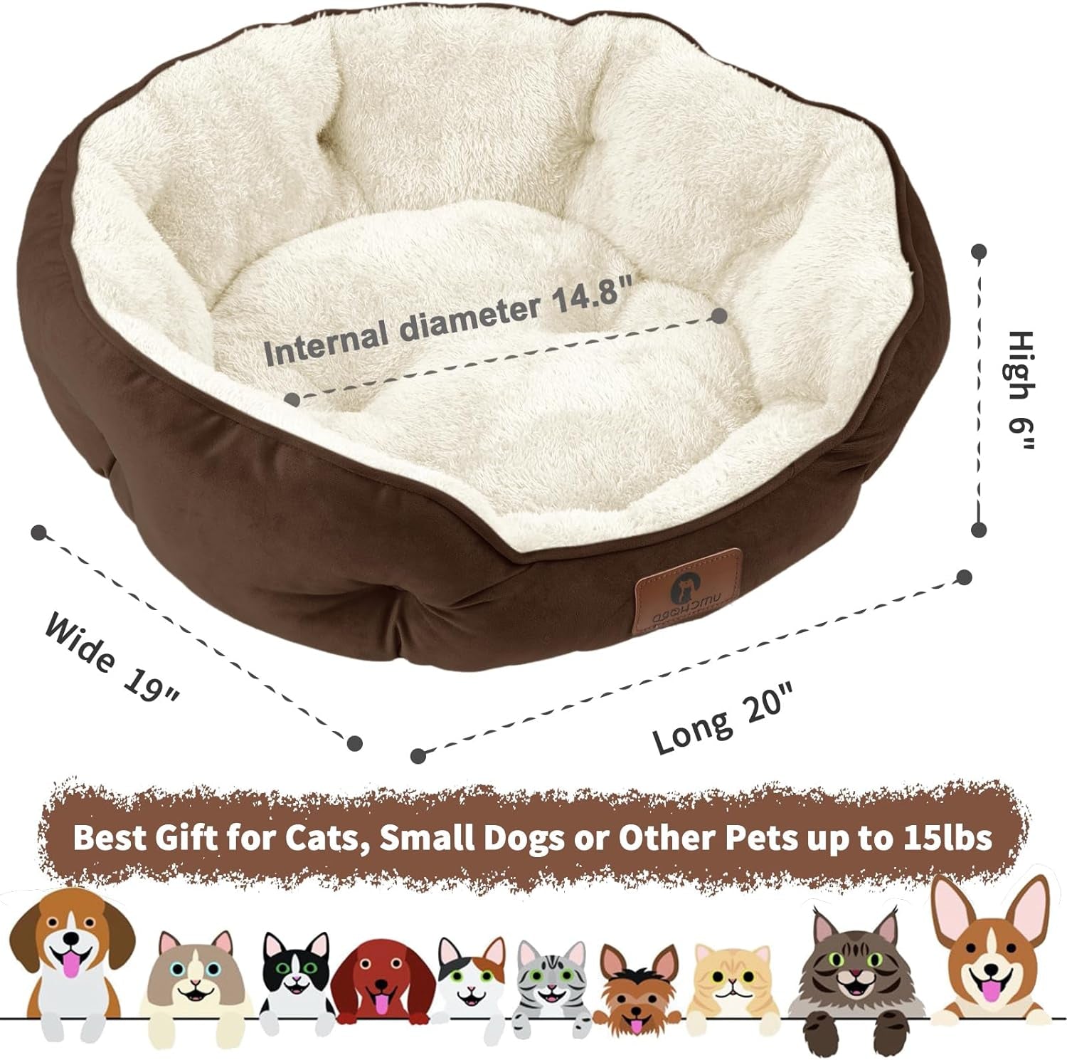 20-Inch Small Dog and Cat Bed - Extra Soft, Machine Washable, Anti-Slip, and Water-Resistant Oxford Base, Brown