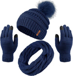 Women's Winter Warm Set: Knitted Beanie Hat with Fur Pompoms, Circle Loop Scarf, and Touch Screen Gloves