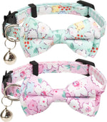 Adjustable Breakaway Cat Collars with Bells and Floral Bowties - 2 Pack in Pink Leopard and Solid Pink