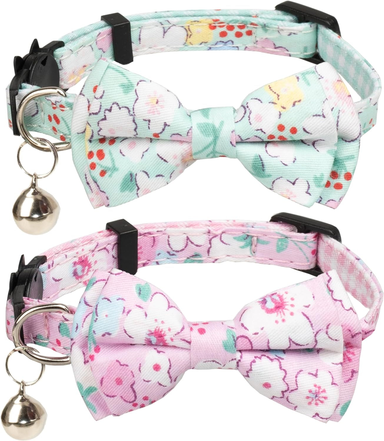 Adjustable Breakaway Cat Collars with Bells and Floral Bowties - 2 Pack in Pink Leopard and Solid Pink