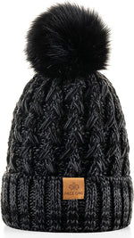 Womens Winter Ribbed Beanie with Crossed Cap, Chunky Cable Knit and Pompom - Soft and Warm Hat