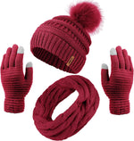 Women's Winter Warm Set: Knitted Beanie Hat with Fur Pompoms, Circle Loop Scarf, and Touch Screen Gloves