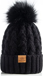 Womens Winter Ribbed Beanie with Crossed Cap, Chunky Cable Knit and Pompom - Soft and Warm Hat