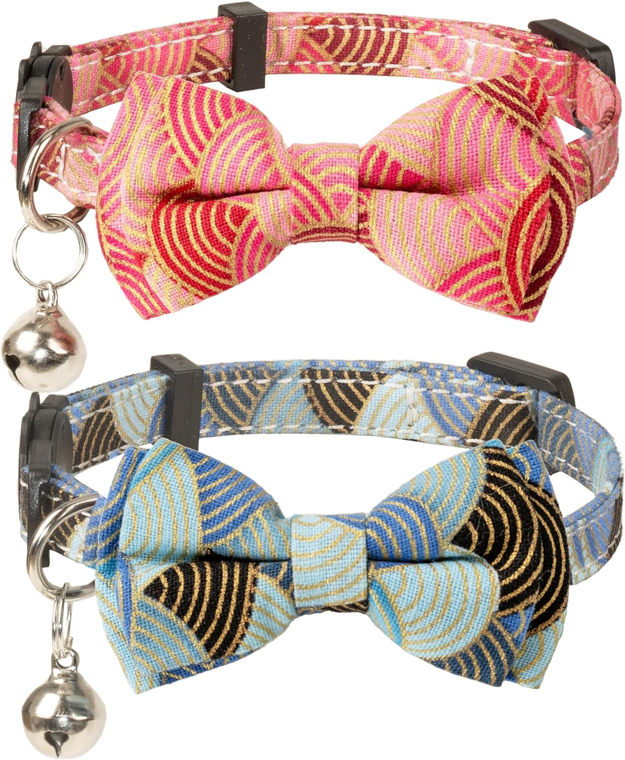 Adjustable Breakaway Cat Collars with Bells and Floral Bowties - 2 Pack in Pink Leopard and Solid Pink