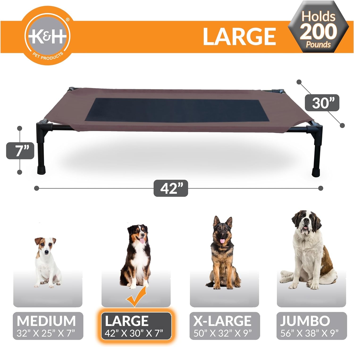 Elevated Dog Cot Bed for Large Dogs - Portable, Washable, Heavy-Duty Metal Frame - Cooling Hammock Design in Chocolate/Black Mesh