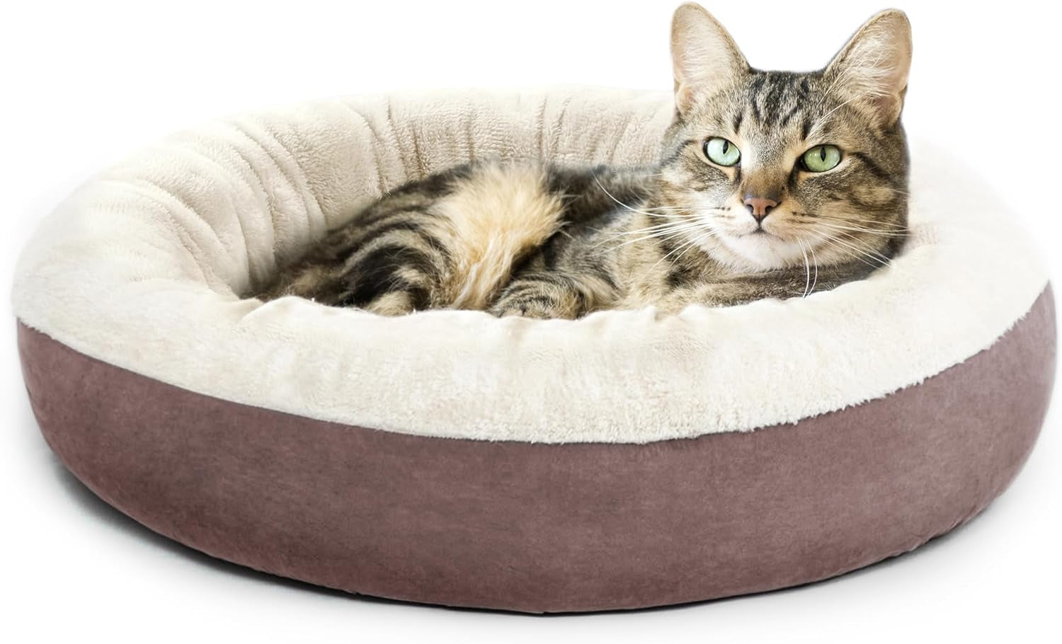 Round Donut Pet Cushion Bed - 20 Inch Cat and Small Dog Bed with Anti-Slip, Water-Resistant Bottom, Super Soft Durable Fabric, Washable Luxury Design in Brown