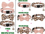 Adjustable Breakaway Cat Collars with Bells and Floral Bowties - 2 Pack in Pink Leopard and Solid Pink