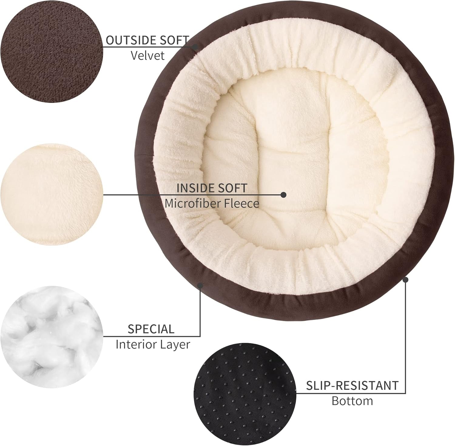 Round Donut Pet Cushion Bed - 20 Inch Cat and Small Dog Bed with Anti-Slip, Water-Resistant Bottom, Super Soft Durable Fabric, Washable Luxury Design in Brown