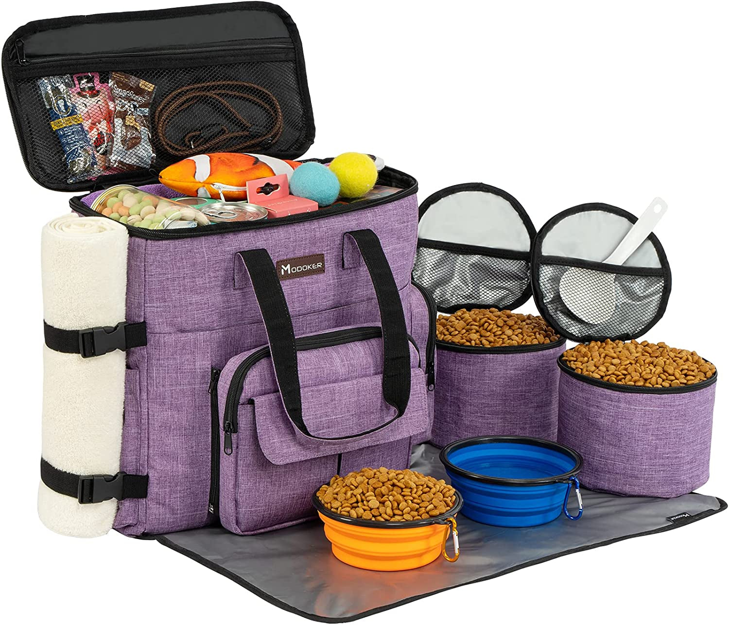 Airline-Approved Pet Travel Bag, Weekend Set for Dogs and Cats with Multi-Function Pockets, Food Storage Containers, Collapsible Bowls, and Feeding Mat (Blue)