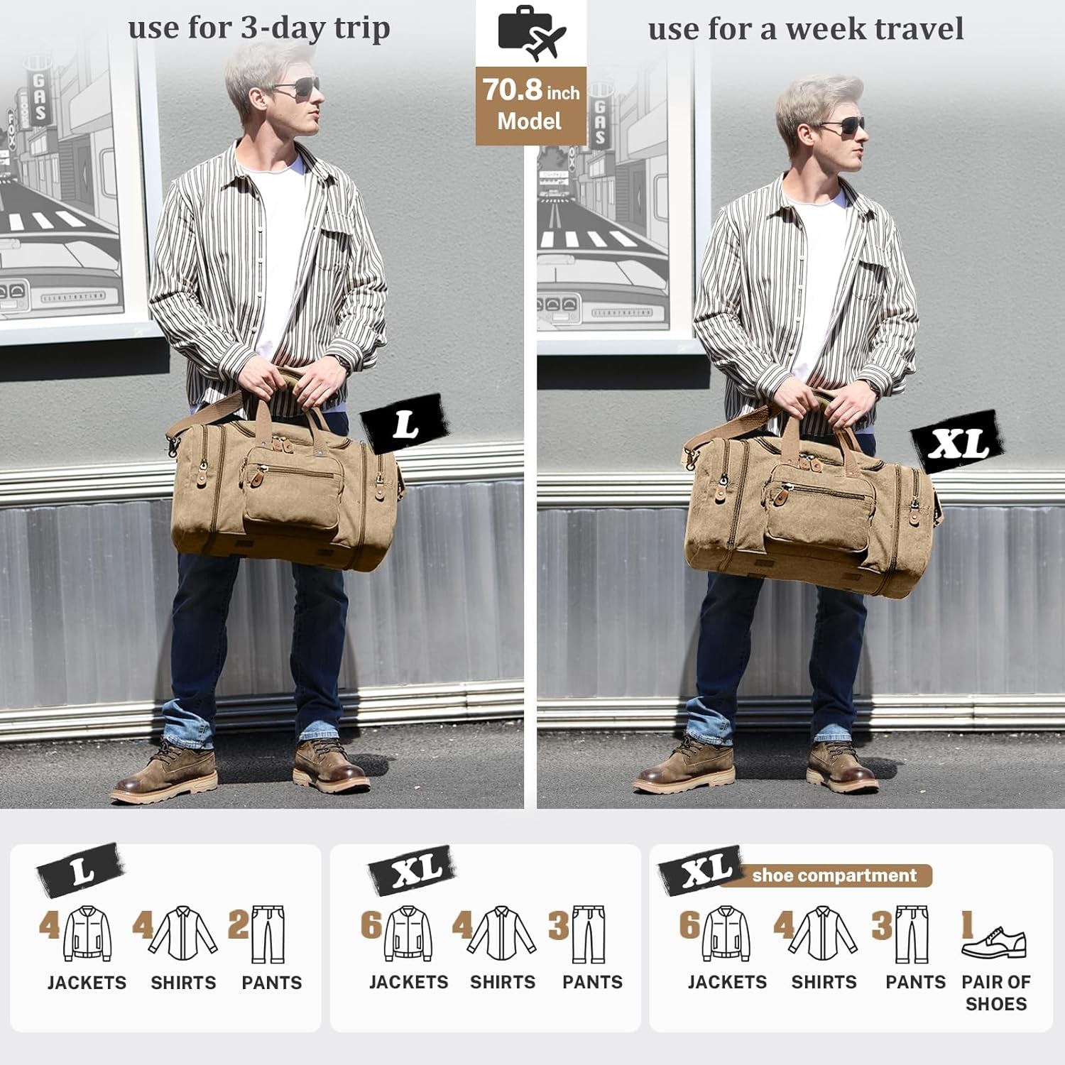 60L Canvas Duffle Bag for Travel - Coffee Overnight and Weekend Bag