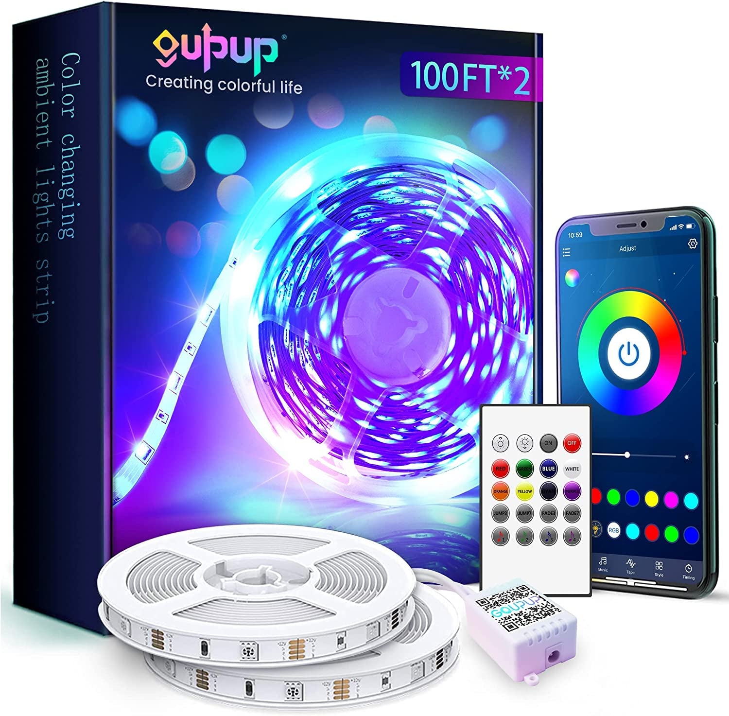 50 FT Bluetooth LED Strip Lights for Bedroom - Color Changing Light Strip with Music Sync, Smartphone App, IR Remote, and Microphone Control