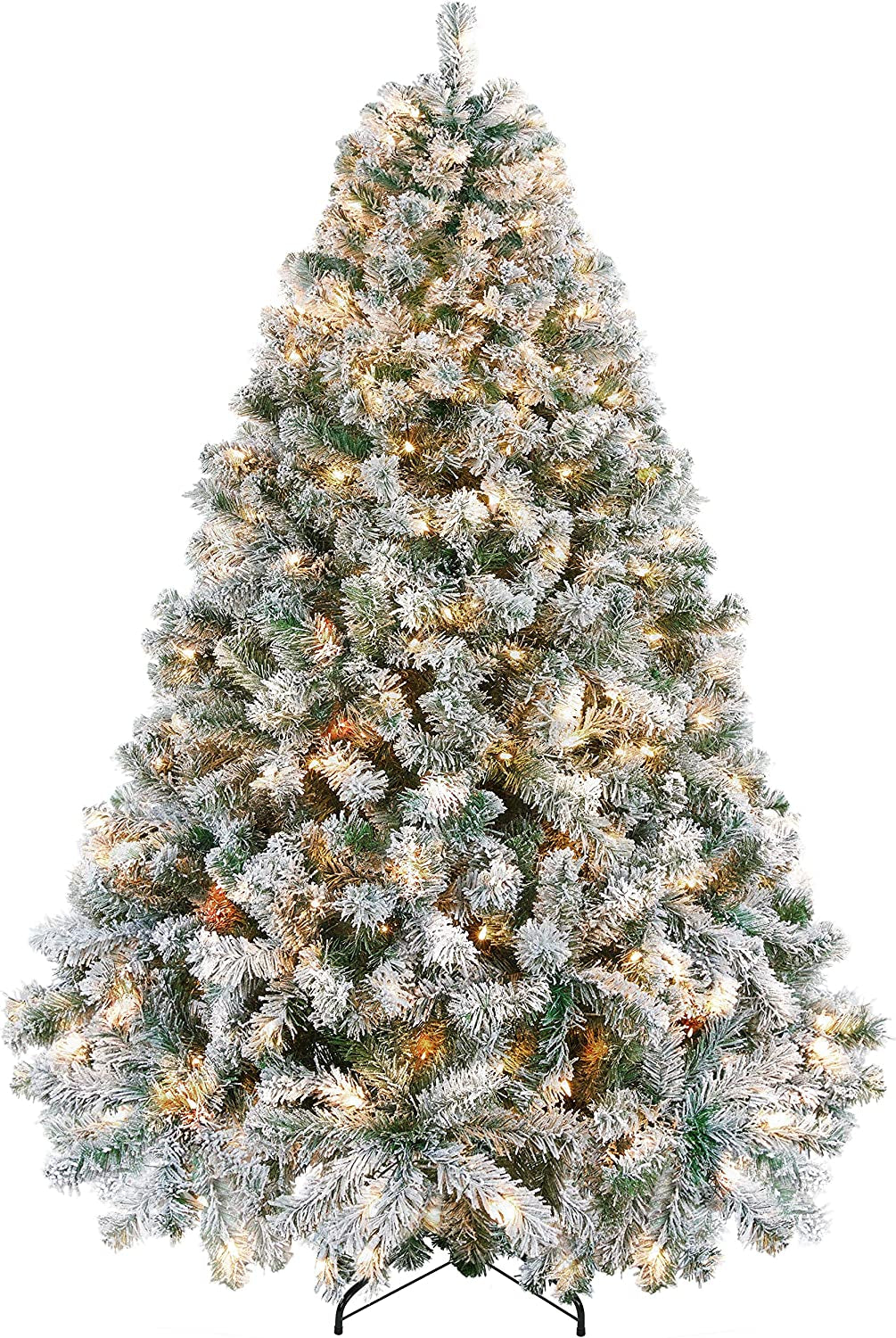 4.5Ft Pre-Lit Snow Flocked Artificial Christmas Tree with 150 Incandescent Warm White Lights and 340 Branch Tips, Includes Foldable Stand, Green & White