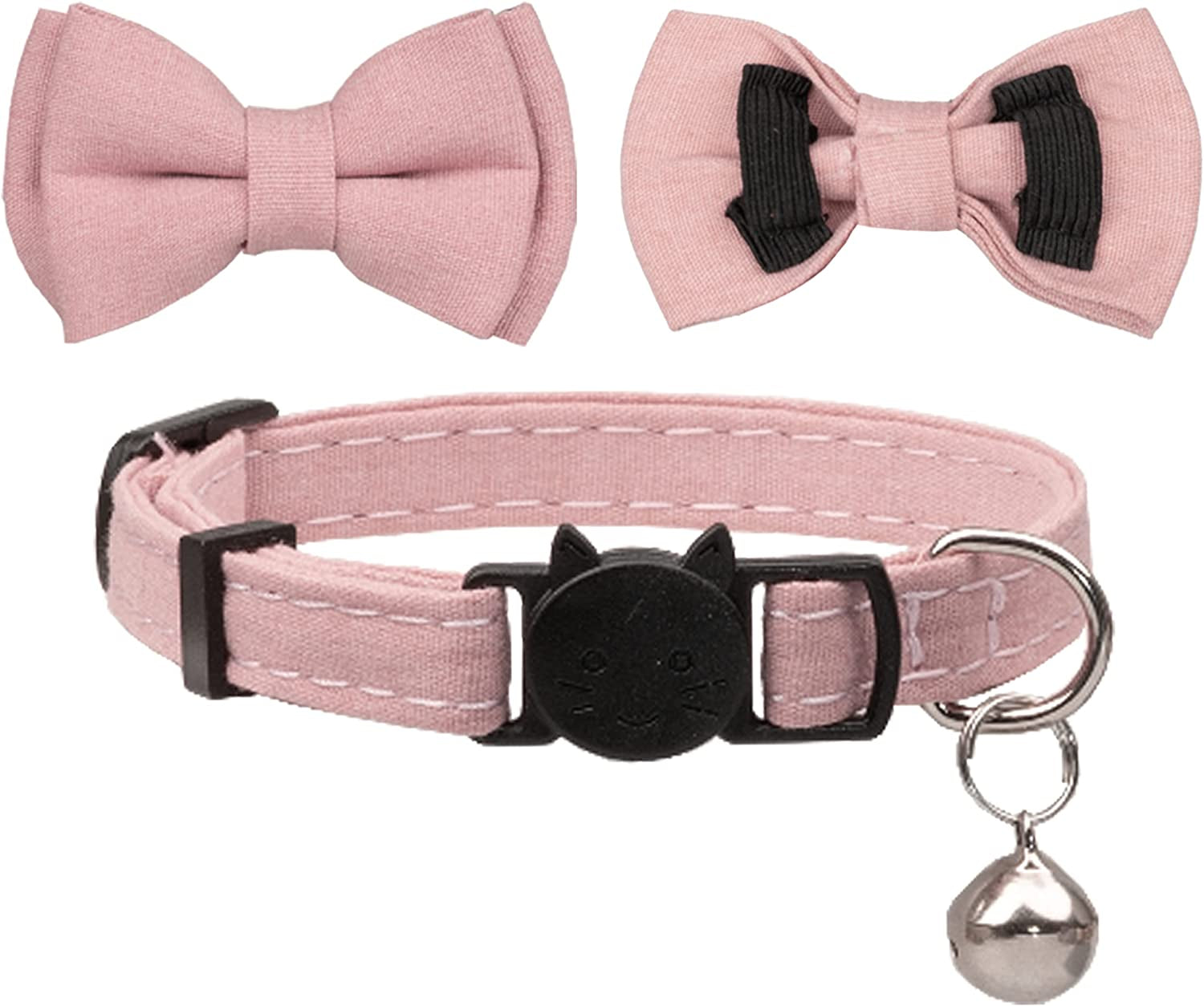 Adjustable Breakaway Cat Collars with Bells and Floral Bowties - 2 Pack in Pink Leopard and Solid Pink