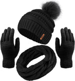 Women's Winter Warm Set: Knitted Beanie Hat with Fur Pompoms, Circle Loop Scarf, and Touch Screen Gloves