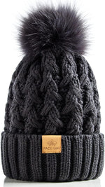 Womens Winter Ribbed Beanie with Crossed Cap, Chunky Cable Knit and Pompom - Soft and Warm Hat