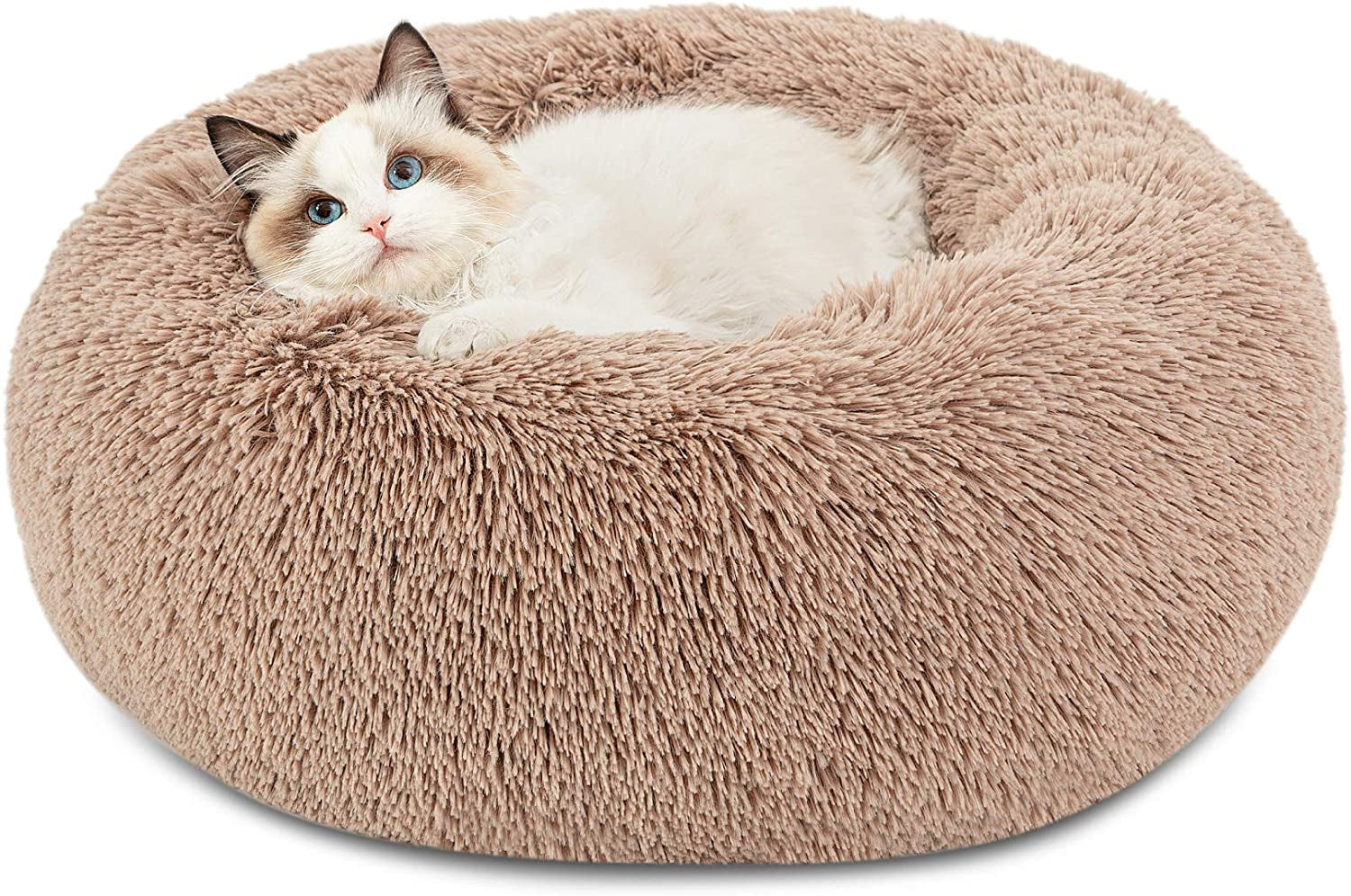 Calming Plush Cat Bed for Indoor Use - 20-Inch Washable Anti-Slip Round Faux Fur Bed, Suitable for Pets Up to 15 lbs, Camel Color