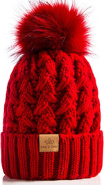 Womens Winter Ribbed Beanie with Crossed Cap, Chunky Cable Knit and Pompom - Soft and Warm Hat