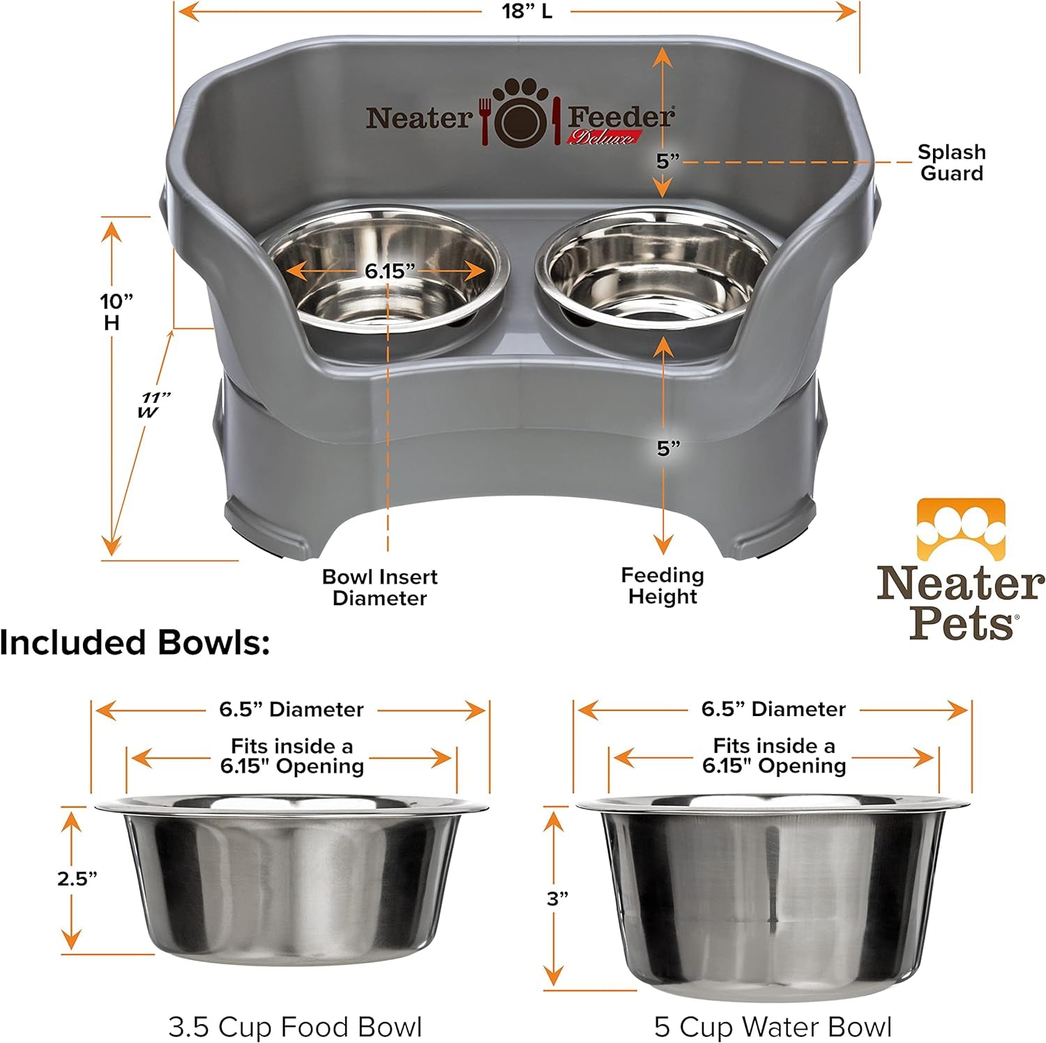 Neater Feeder Deluxe Medium Elevated Dog Feeder with Stainless Steel Bowls - 3.5 Cup Food and 5 Cup Water Capacity, Spill-Proof and Non-Slip Design, Made in USA