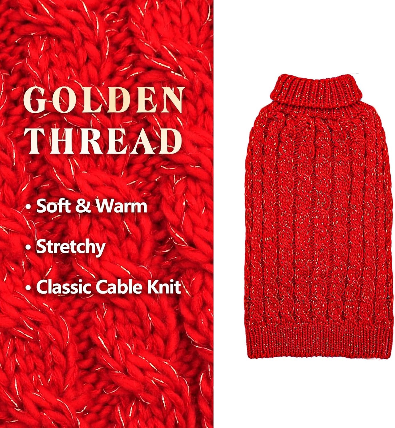 Winter Dog Sweater with Golden Thread Turtleneck - Red Cat Sweater