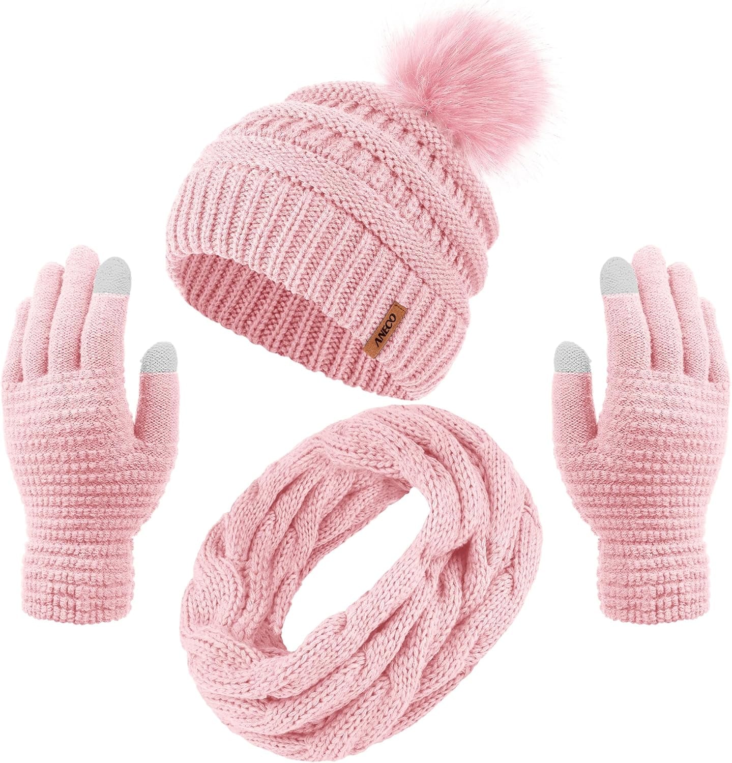 Women's Winter Warm Set: Knitted Beanie Hat with Fur Pompoms, Circle Loop Scarf, and Touch Screen Gloves