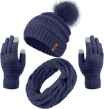 Women's Winter Warm Set: Knitted Beanie Hat with Fur Pompoms, Circle Loop Scarf, and Touch Screen Gloves