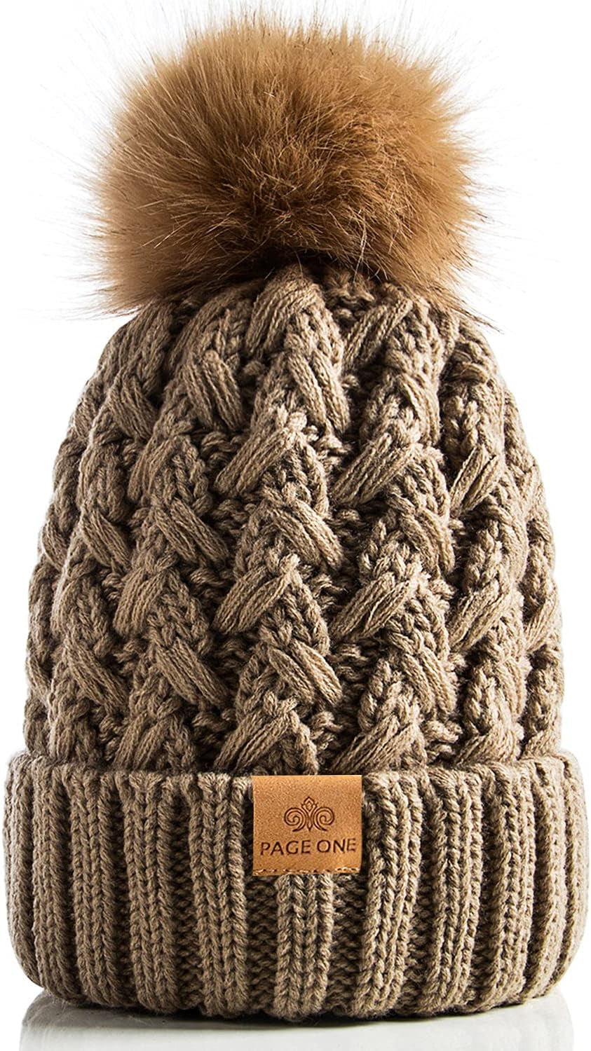 Womens Winter Ribbed Beanie with Crossed Cap, Chunky Cable Knit and Pompom - Soft and Warm Hat