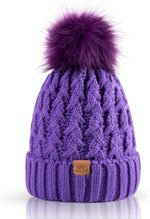 Womens Winter Ribbed Beanie with Crossed Cap, Chunky Cable Knit and Pompom - Soft and Warm Hat