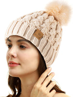 Womens Winter Ribbed Beanie with Crossed Cap, Chunky Cable Knit and Pompom - Soft and Warm Hat