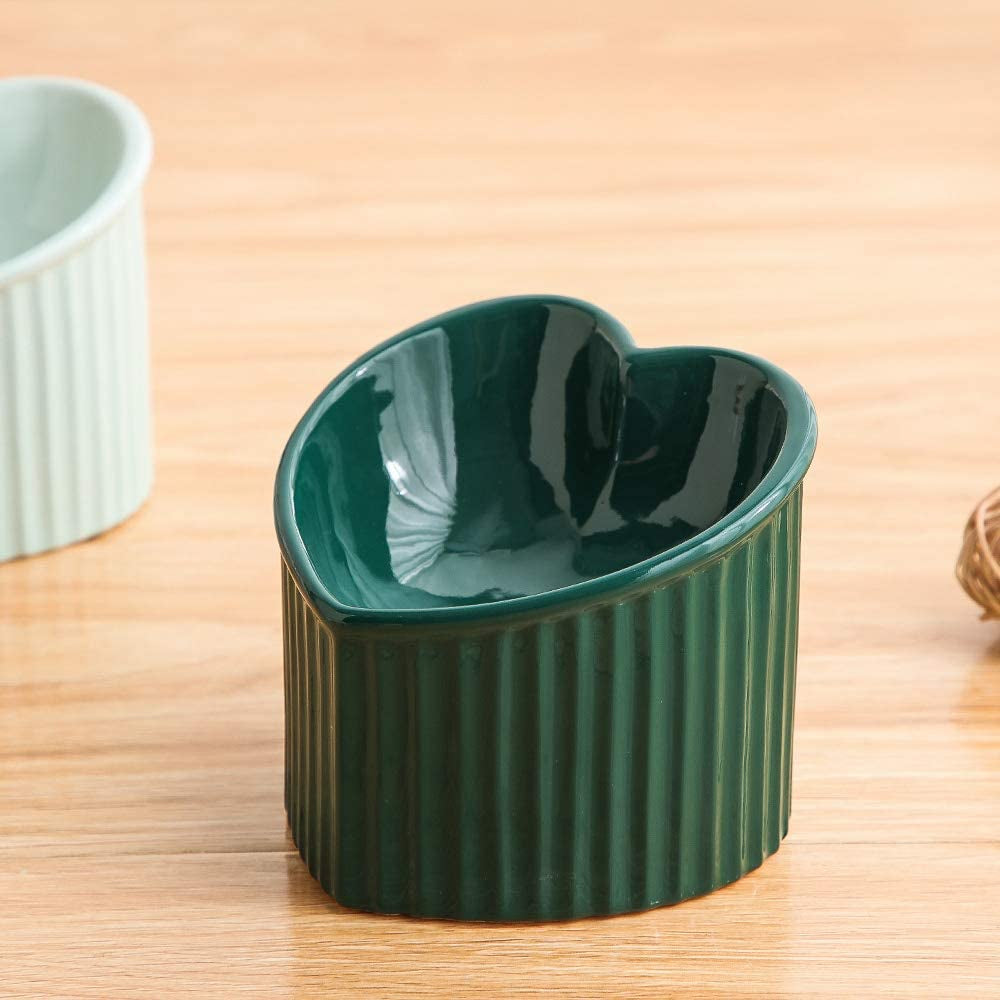 Dark Green Ceramic Elevated Cat Bowls for Food and Water, Ergonomic Design with Backflow Prevention, Dishwasher and Microwave Safe, Lead and Cadmium Free