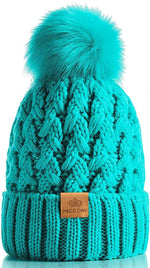 Womens Winter Ribbed Beanie with Crossed Cap, Chunky Cable Knit and Pompom - Soft and Warm Hat