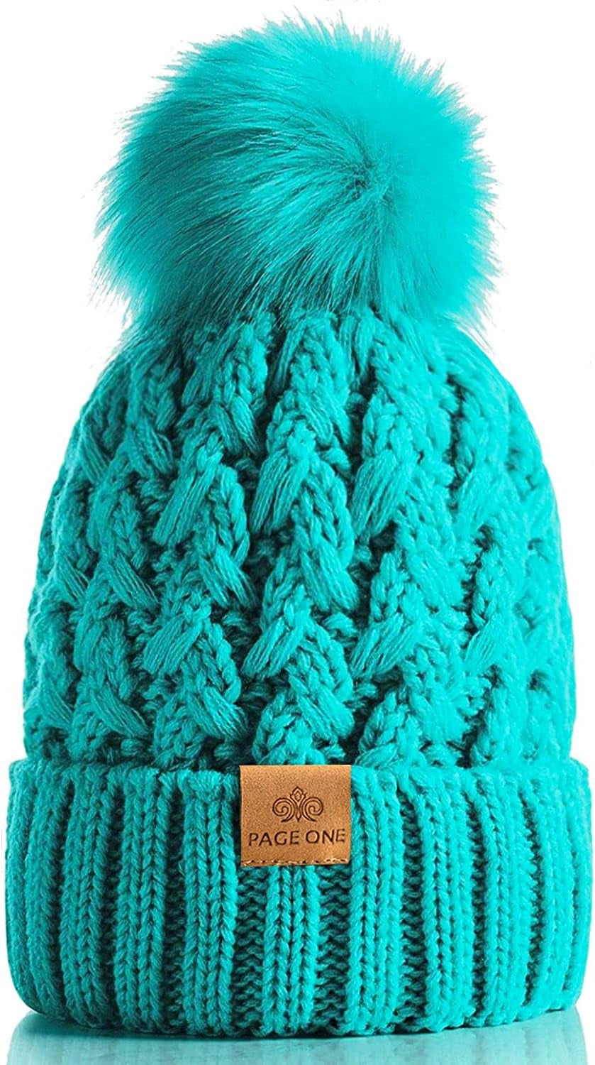 Womens Winter Ribbed Beanie with Crossed Cap, Chunky Cable Knit and Pompom - Soft and Warm Hat