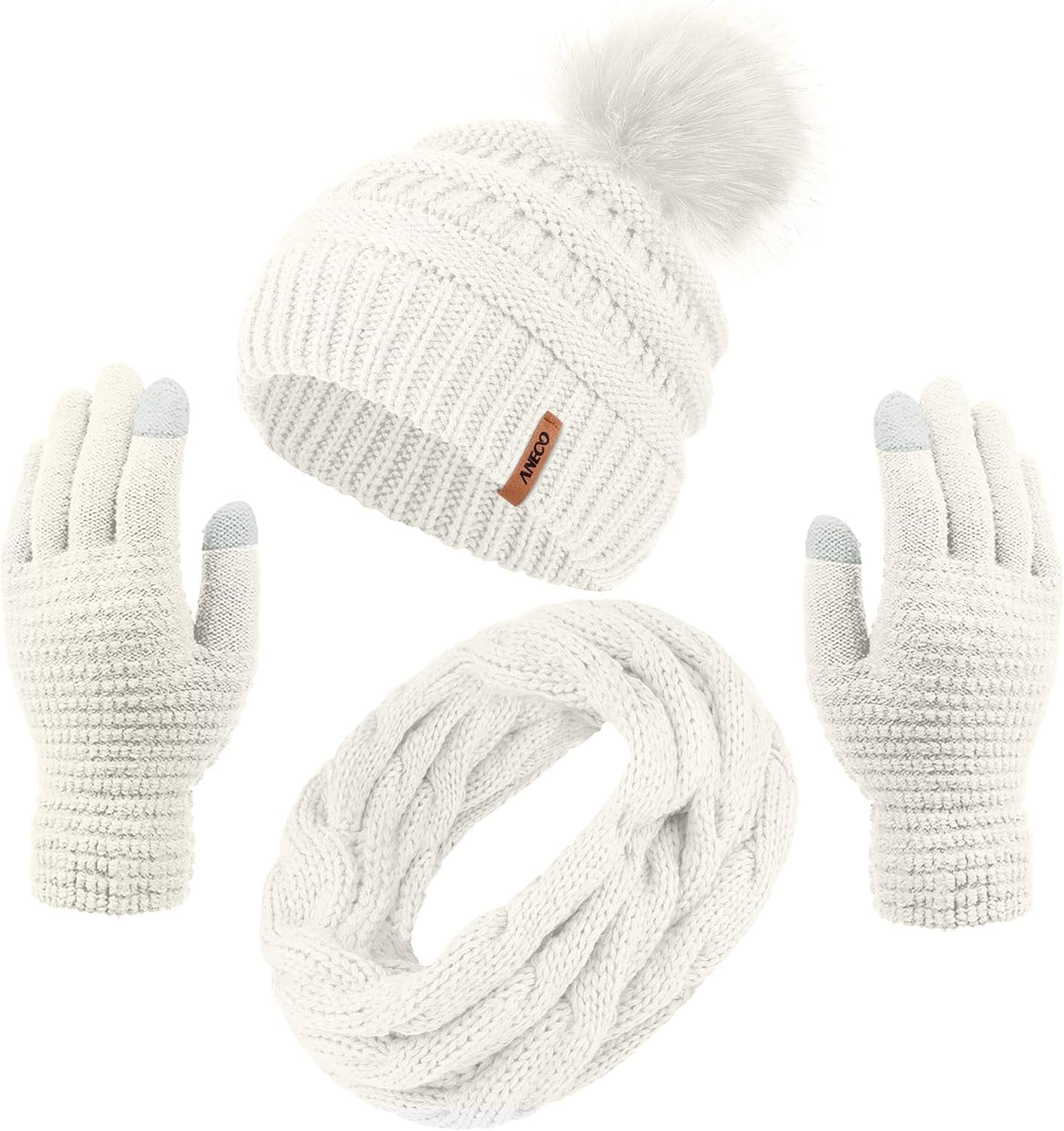 Women's Winter Warm Set: Knitted Beanie Hat with Fur Pompoms, Circle Loop Scarf, and Touch Screen Gloves