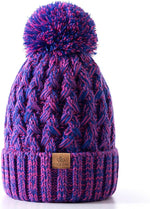 Womens Winter Ribbed Beanie with Crossed Cap, Chunky Cable Knit and Pompom - Soft and Warm Hat