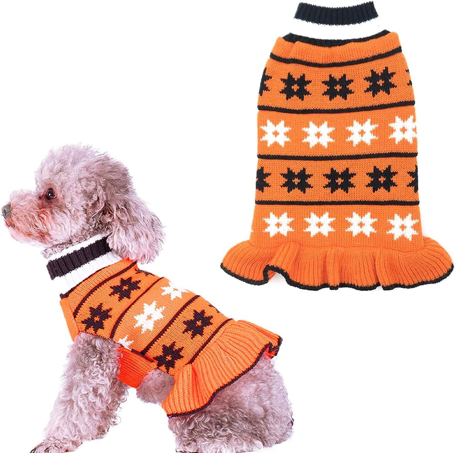 Turtleneck Knit Dog Sweater for Small Dogs - Warm Fall/Winter Pullover with Leash Hole and Snowflake Design, Orange, X-Small