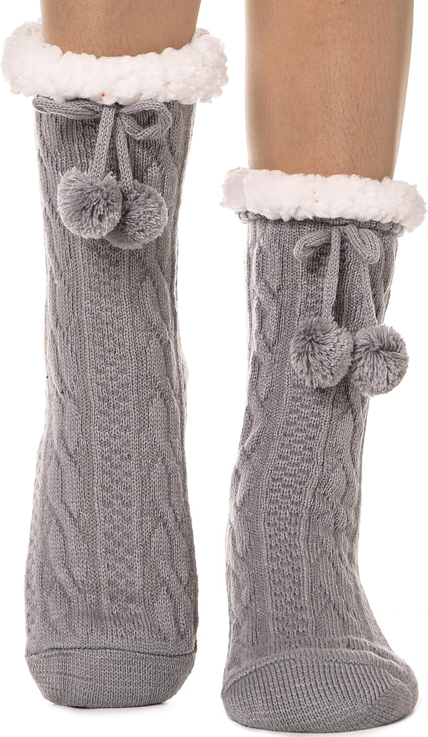 Women's Fuzzy Slipper Socks - Cozy Thick Fleece Cabin Socks with Grip for Winter Warmth