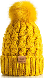 Womens Winter Ribbed Beanie with Crossed Cap, Chunky Cable Knit and Pompom - Soft and Warm Hat