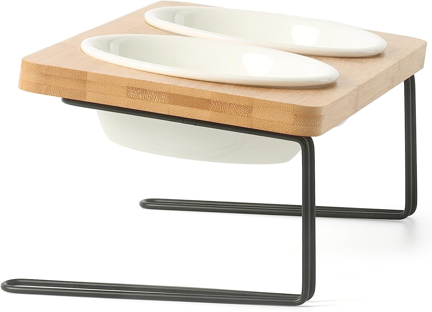 Elevated Ceramic Bowls for Cats and Small Dogs with 15° Tilted Design, Complete Set with Solid Bamboo Water Stand Feeder