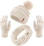 Women's Winter Warm Set: Knitted Beanie Hat with Fur Pompoms, Circle Loop Scarf, and Touch Screen Gloves